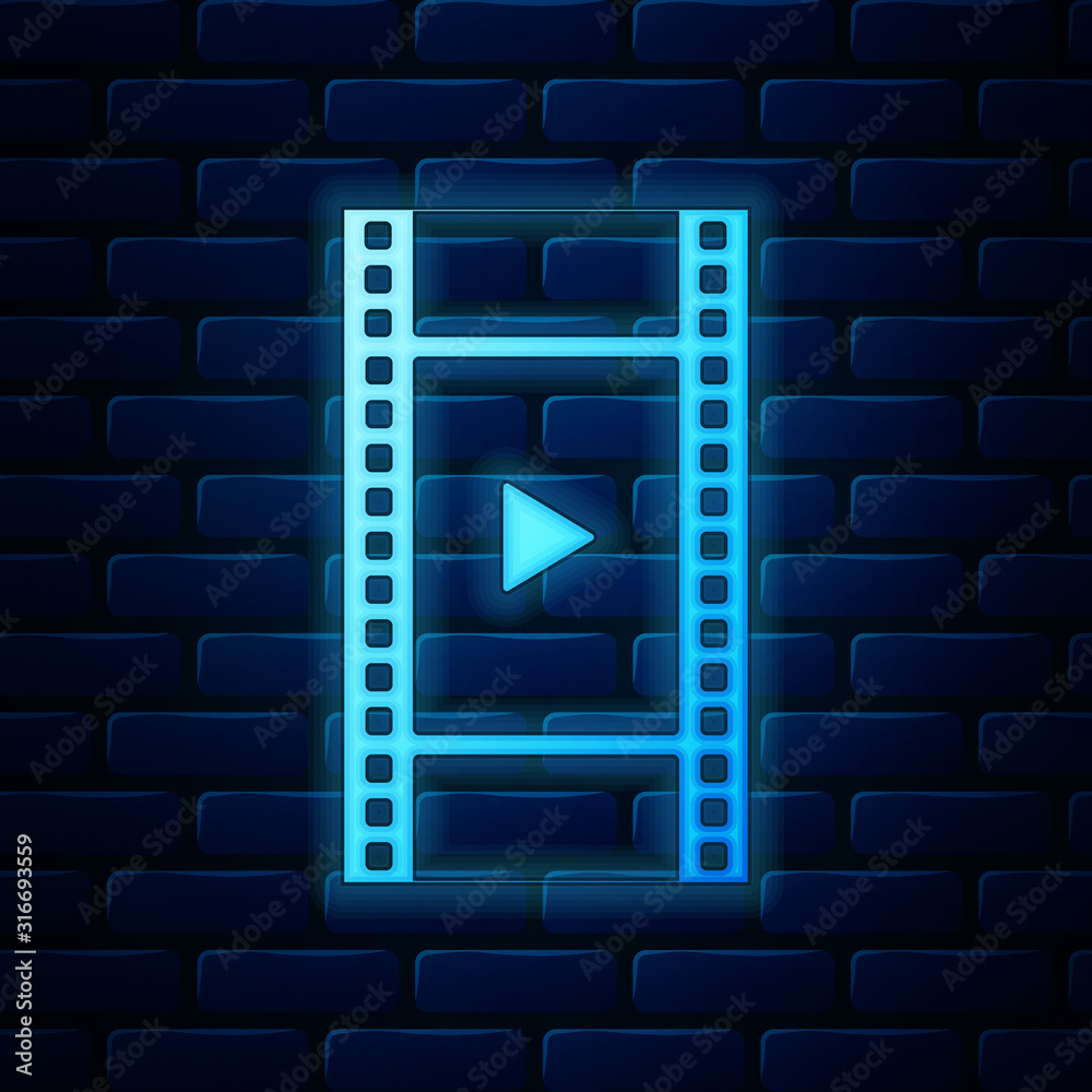 Glowing neon Play Video icon isolated on brick wall background. Film strip with play sign. Vector Illustration Glowing neon Play Video icon isolated on brick wall background. Film strip with play sign. Vector Illustration