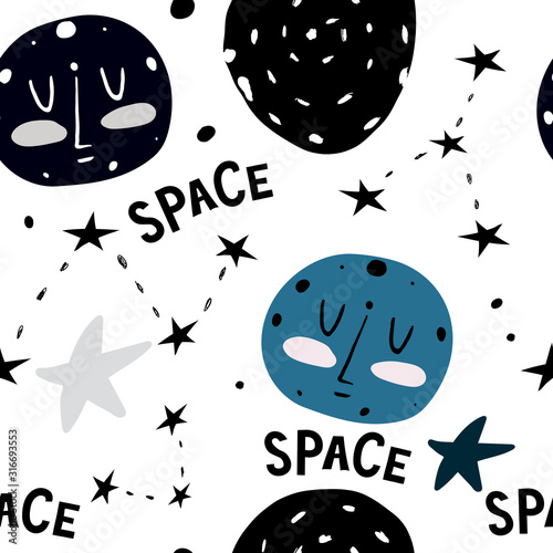 seamless pattern with moon, stars, decor elements. Colorful flat style, vector for kids. hand drawing. baby design for fabric, print, nursery wallpaper. textile
