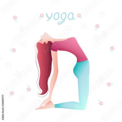 A woman does an exercise in the form of a yoga pose. Illustration with the image of a cartoon character.Fitness exercise, meditation, color drawing. Gym, pilates, yoga classes isolated design element