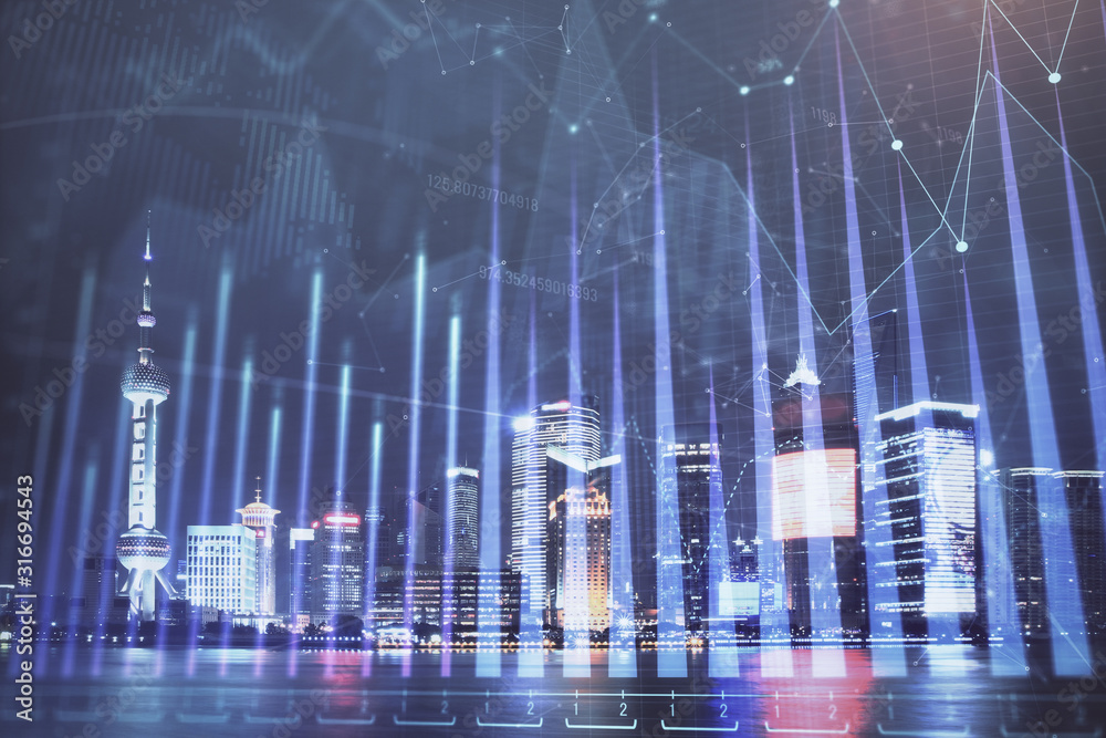Financial graph on night city scape with tall buildings background double exposure. Analysis concept. Financial graph on night city scape with tall buildings background double exposure. Analysis concept.