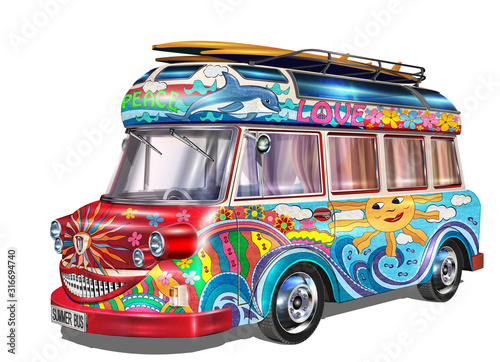 Retro hippie  bus with surf boards