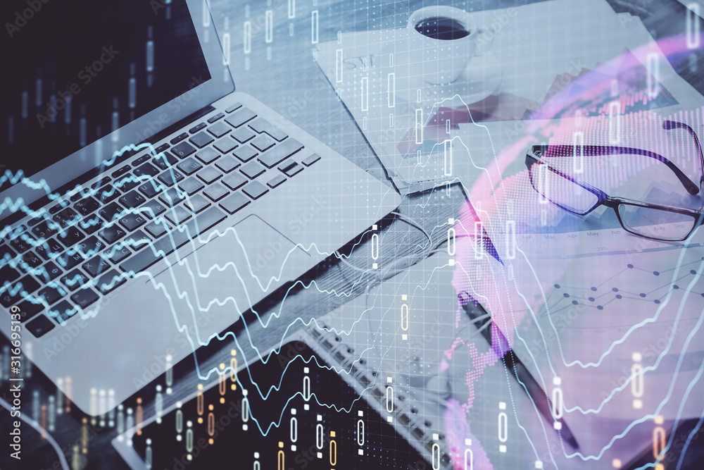 Stock market graph and table with computer background. Double exposure. Concept of financial analysis. Stock market graph and table with computer background. Double exposure. Concept of financial analysis.
