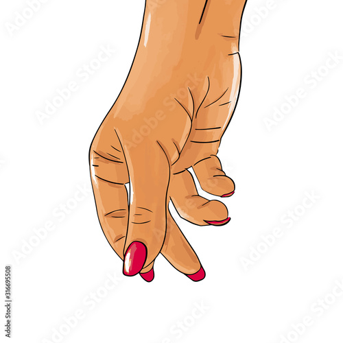 Hand drawn female asian hand with red nails 