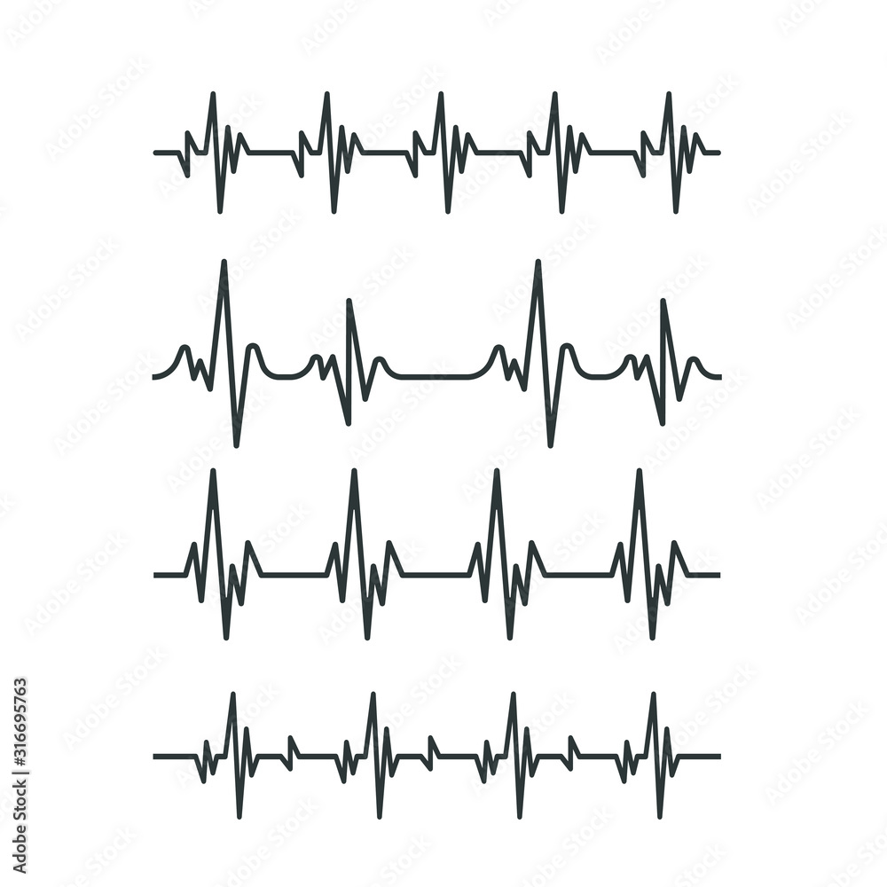 Heartbeat icon. Set of sinusoidal pulse lines isolated on white background. cardiogram lines Heartbeat icon. Set of sinusoidal pulse lines isolated on white background. cardiogram lines
