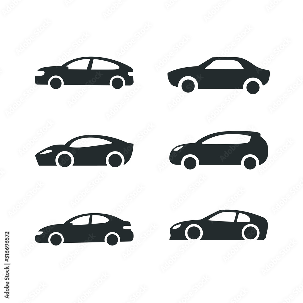 Car vector icons set. Isolated simple front logo illustration. Sign symbol. Auto style cars logo design with concept sports vehicle icon silhouette.