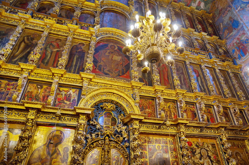 Yaroslavl, Russia - July 25, 2019: Interior of the Church of Elijah the Prophet, iconostasis