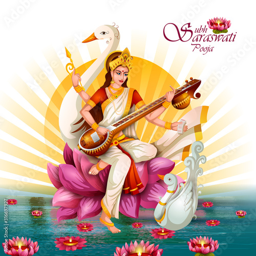 easy to edit vector illustration of Goddess Saraswati for Vasant Panchami Puja of India photo