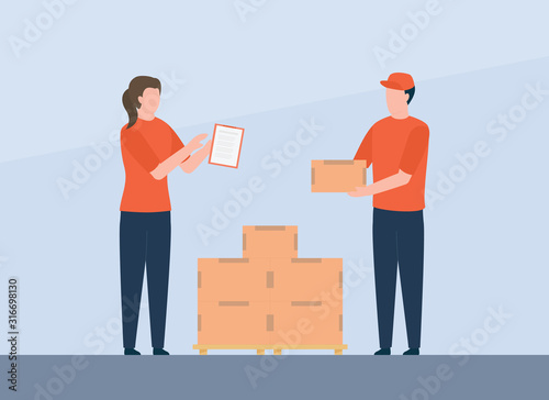 worker courier check goods delivery service package with stack cardboard