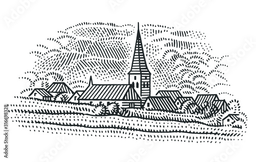 European village rural landscape/vineyard illustration. Isolated, vector. 	