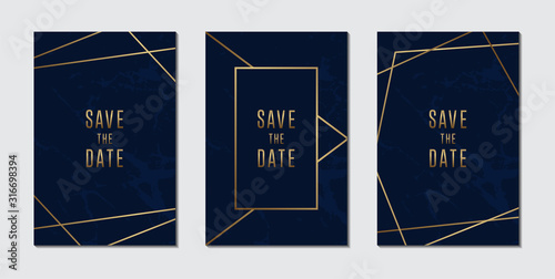 Wedding invitation card collection with luxury Blue and golden marble texture background