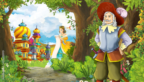 Fototapeta Naklejka Na Ścianę i Meble -  cartoon summer scene with meadow in the forest with beautiful princess girl romantic