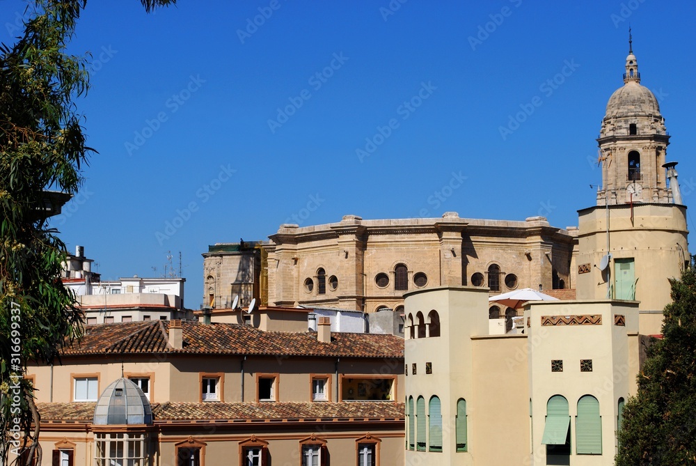 View of the Cathedral and bell tower, Malaga, Spain.