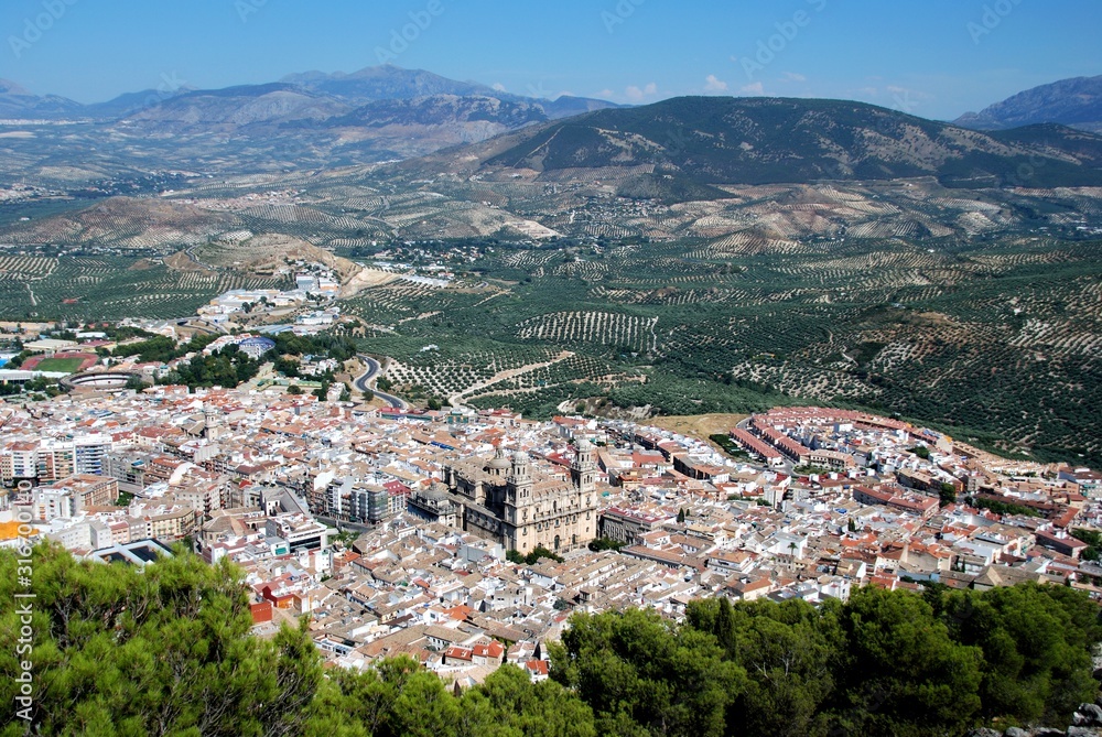 View across the city rooftops with the Cathedral in the centre, Jaen, Spain.