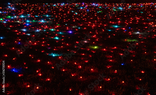 Abstract background with stars. Abstract textured background of glowing illuminations in darkness. Lawn decorated with shiny colorful and red lamps. Night lights backdrop with copy space.