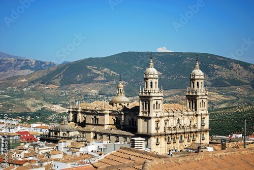 Elevated view of the Cathedral with olive groves to the rear, Jaen, Spain.