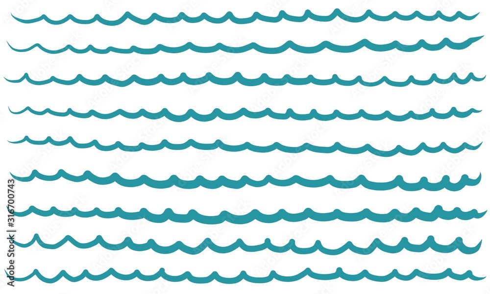 Doodle waves. Hand drawn wavy lines for backdrops with sea, rivers or water texture.