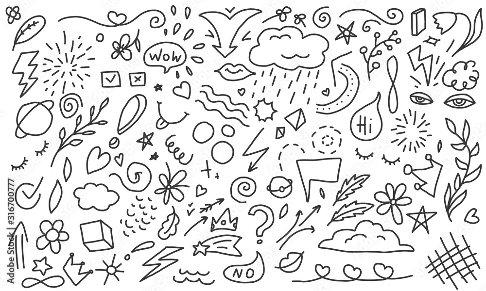 Doodle background. Hand drawn elements: arrow, heart, love, star, leaf, sun, cloud, flower, planet, crown etc Doodle background. Hand drawn elements: arrow, heart, love, star, leaf, sun, cloud, flower, planet, crown etc