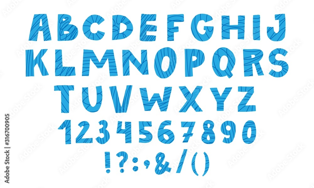 Doodle font with simple lines decor. Blue hand drawn english letters and numbers