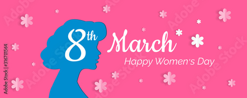 8th march international women day banner design with woman profile silhouette and flowers