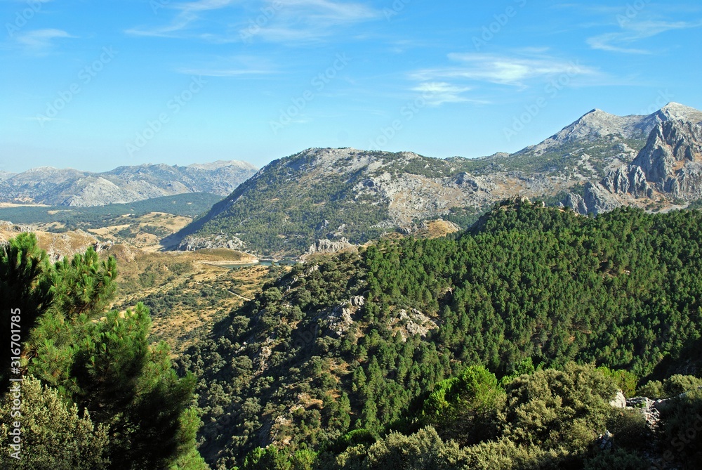 General view of mountains and countryside in the Sierra de Grazalema, Spain.