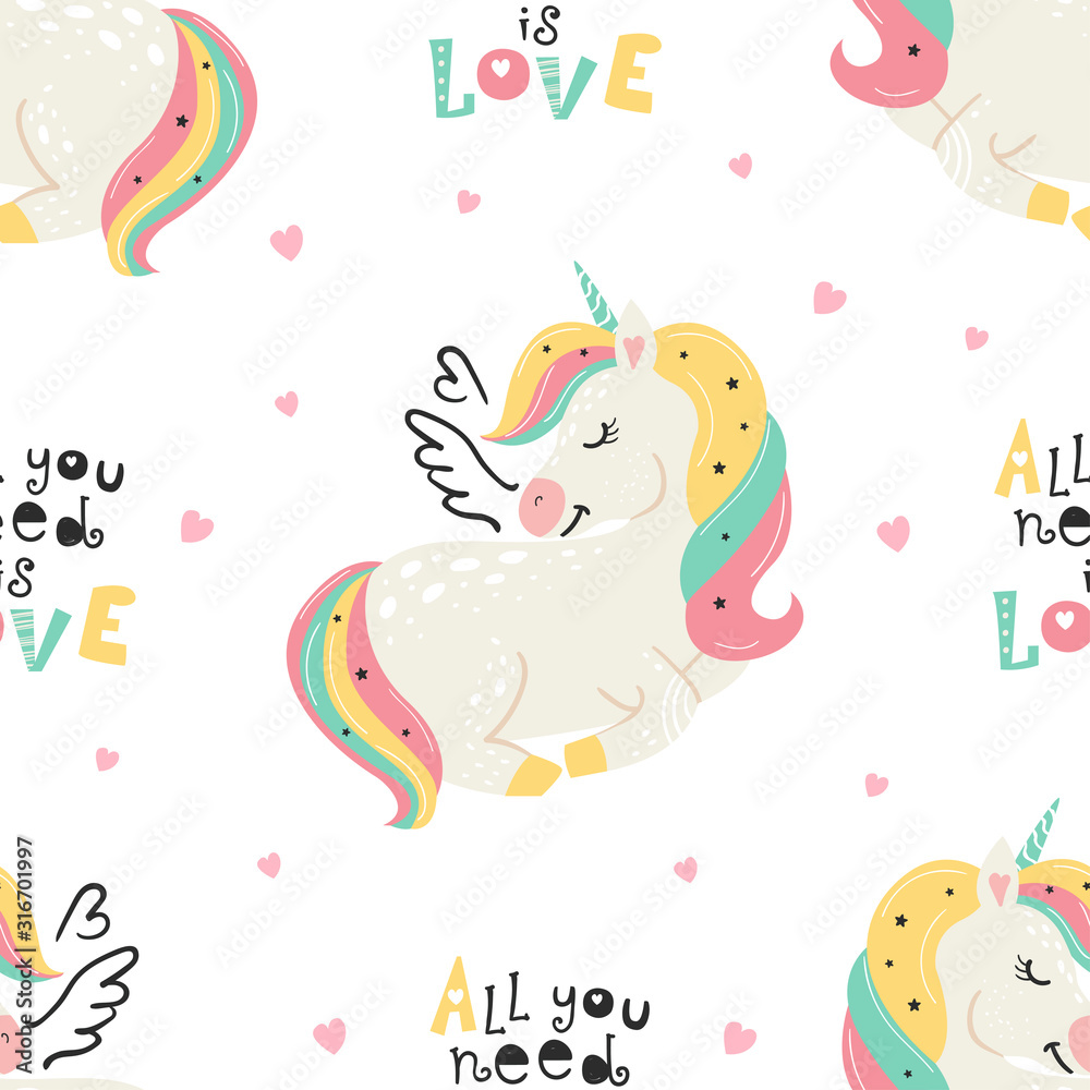 Seamless pattern with cute unicorn