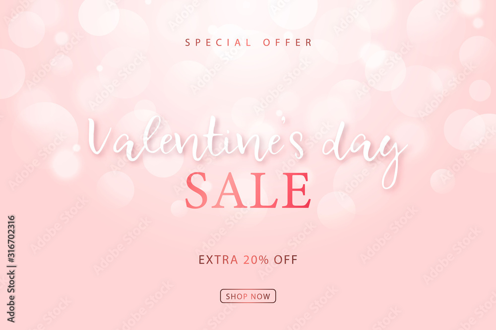Vector light pink background with bokeh effect. Happy Valentines Day sale design. 14 February.