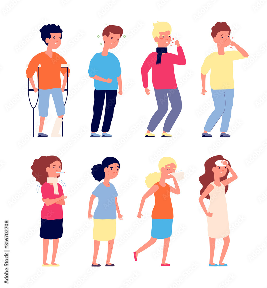 Sick kids. Sickness children, illness flu virus symptoms. Boys and girls colds and toothache, nausea and headache. Vector characters set. Illustration of kid with fever and toothache, illness or virus
