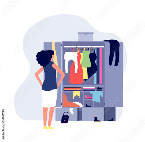 Opened wardrobe. Girl stand front closet. Stack clothes on floor, fashion problems and chaos. Organisation dressing vector illustration. Wardrobe with clothes, dress and clothing in open closet