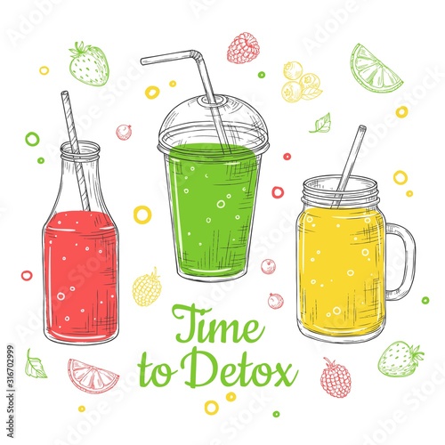 Smoothie background. Summer drink, doodle healthy juices. Fresh fruit diet. Isolated detox breakfast illustration. Vector poster design. Time to detox, smoothie healthy drink, freshness juice