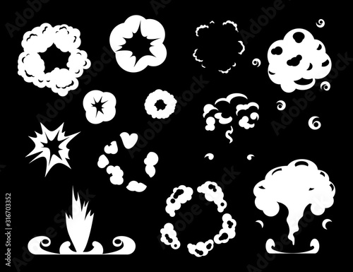 Comic explosion. Cartoon spark effect and magic energy flashes. White bang, smoke clouds vector set. Illustration smoke explosion, cartoon blast and burst
