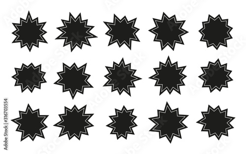 Starburst stickers. sunburst stars, sales and promotion badges. Cartoon comic speech bubbles. Isolated black promo price tags vector blanks. Illustration price tag star, starburst label collection