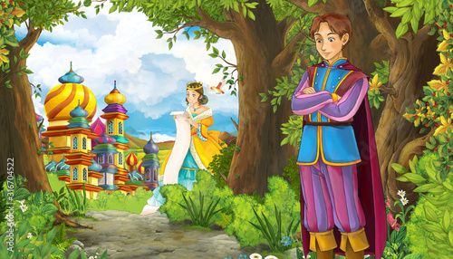 cartoon summer scene with meadow in the forest with beautiful princess girl romantic