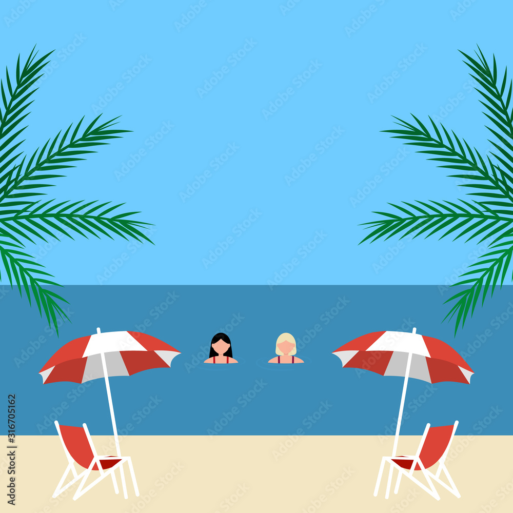 Young woman swims in the sea on the azure coast. Cartoon vector illustration, flat design