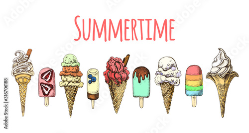 Ice cream sketch set. Vintage style gelateria menu cover.