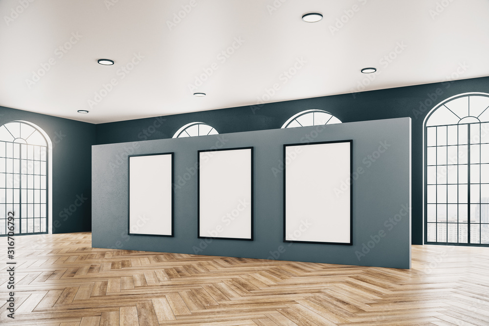 Modern gallery interior with three poster Modern gallery interior with three poster