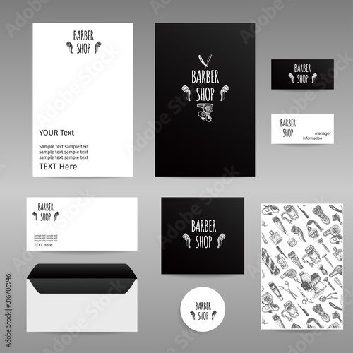 Corporate style for a hairdresser. Hand drawn sketch illustration for barbershop. Identity Hair Salon. Accessories for the hairdresser, made in graphic style.
