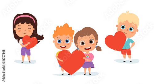 Happy cute kids with hearts. Girl and boy are smiling. Vector flat illustration. Children are smiling. Cute cartoon illustration of kids. Vector image. Valentine's Day. Love. Set of  cartoon kids. Hea