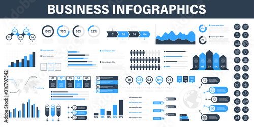 Big set of business infographics. Business icons. Elements marketing charts, steps, business processes, diagram, graphs, strategy, concept template. Vector illustration.