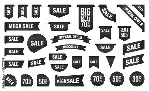 Sale and New Label collection set. Sale tags 30, 50, 70. Discount red ribbons, banners and icons. Shopping Tags. Sale icons. Black isolated on white background, vector illustration.
