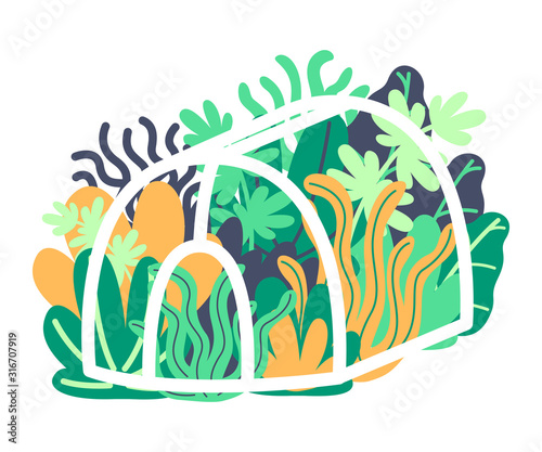 Growing flowers and plants in greenhouse. Spring garden, landscaping, early greenery. Protect plants from cold. Vector illustration