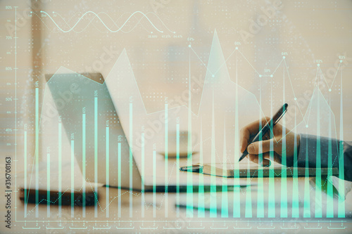Double exposure of forex chart with man working on computer on background. Concept of market analysis. © peshkova
