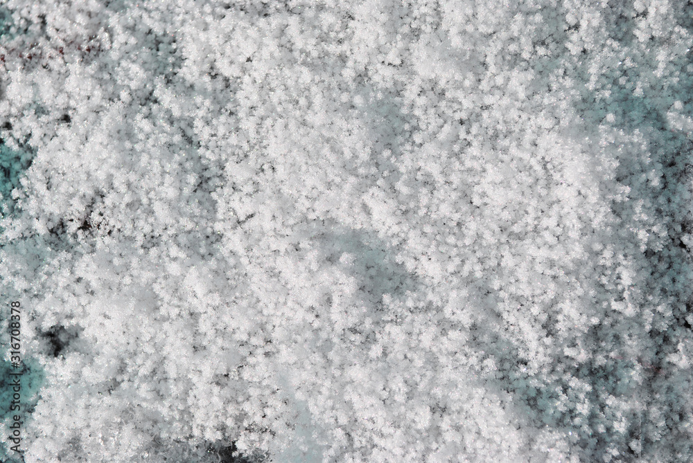 Grainy texture snow, natural background, close up detail top view
