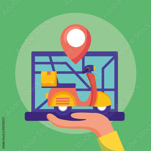 logistic delivery service with laptop and motorcycle