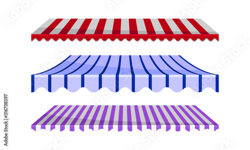 Striped Awnings for Market Stalls Vector Set. Outdoor Marketplace Concept