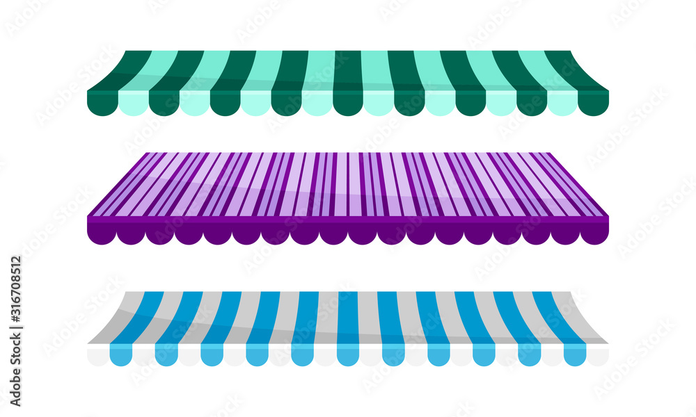 Striped Awnings for Market Stalls Vector Set. Outdoor Marketplace Concept