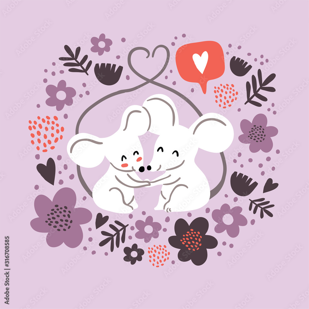 Cute mouses in love illustration, valentines day