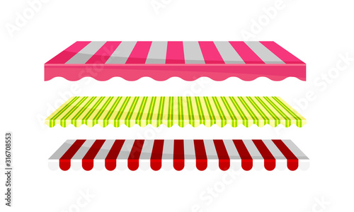 Striped Awnings for Market Stalls Vector Set. Outdoor Marketplace Concept