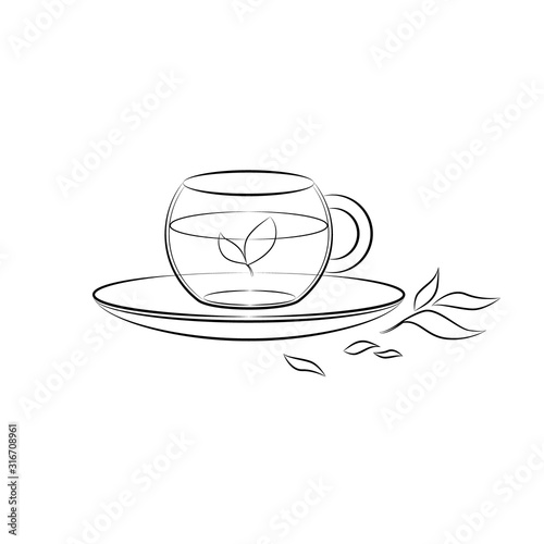 Cup og tea thin line icon. Eps 10 vector illustration. Design element template. Line drawing. Green tea in a cup with tea leaves icon. China tea.