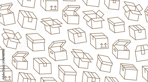 Delivery box background  cargo package seamless pattern. Various open and closed cardboard boxes  parcel flat line icons. Warehouse  storage vector illustration brown white color