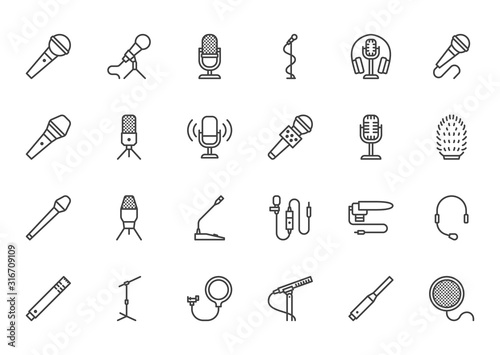 Mic flat line icons set. Podcast mike, journalist microphone, karaoke, conference, windscreen, retro radio vector illustration. Outline pictogram for music store. Pixel perfect 64x64. Editable Stroke photo